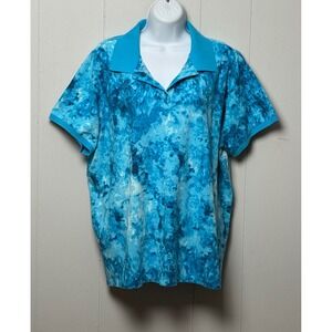 Lands End Women's Blue Tie Dye Short Sleeve V-Neck Pique Polo Shirt Size 2X